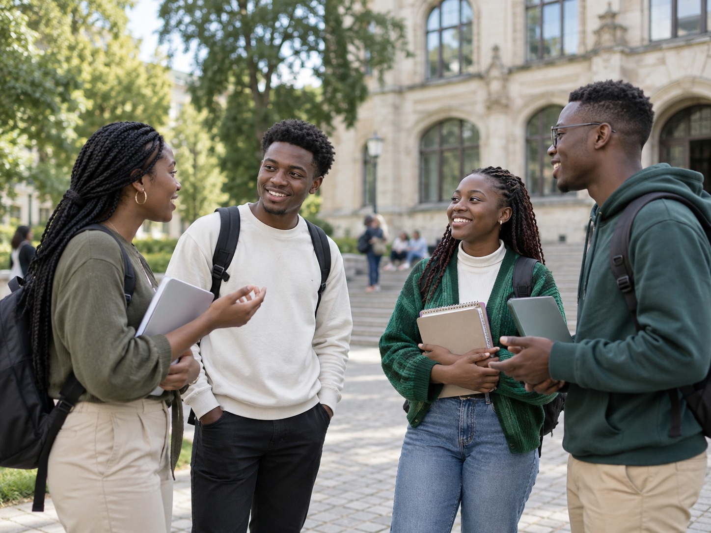 Étudiants souriants devant une université